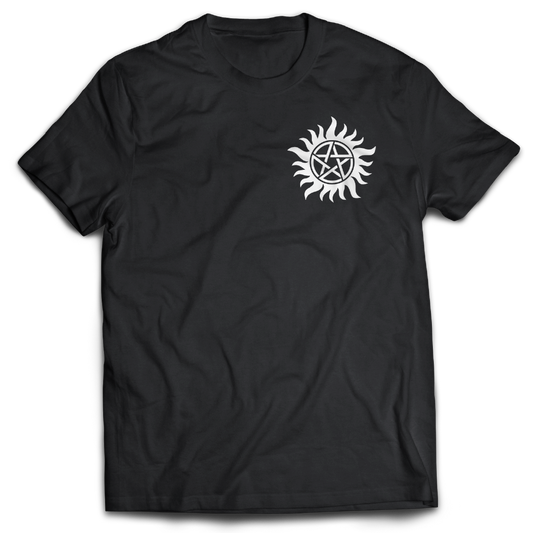 Supernatural inspired Black 
t-shirt with a black symbol on the chest.