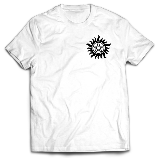 Supernatural inspired White t-shirt with a black symbol on the chest.