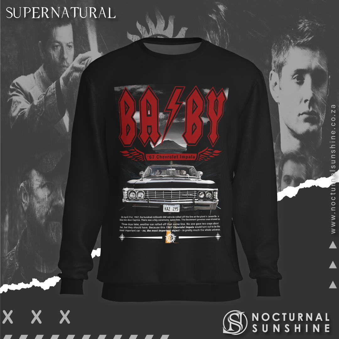 Supernatural inspired Black sweatshirt with graphic design featuring a car and text