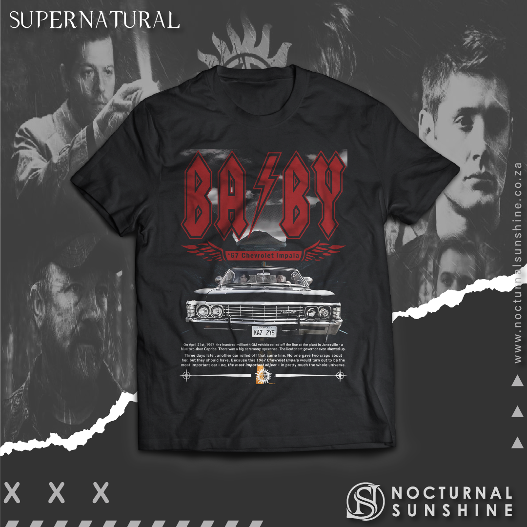 Supernatural inspired Black t-shirt with graphic design featuring a car and text