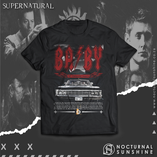 Supernatural inspired Black t-shirt with graphic design featuring a car and text