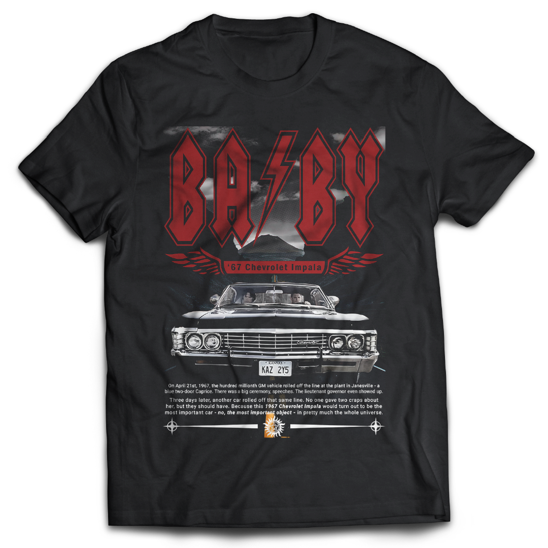 Supernatural inspired Black t-shirt with graphic design featuring a car and text