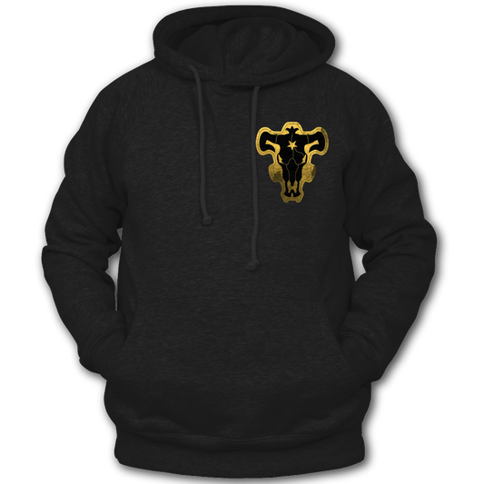 Black hoodie with a gold and black graphic "Black Bulls Emblem" on the front.