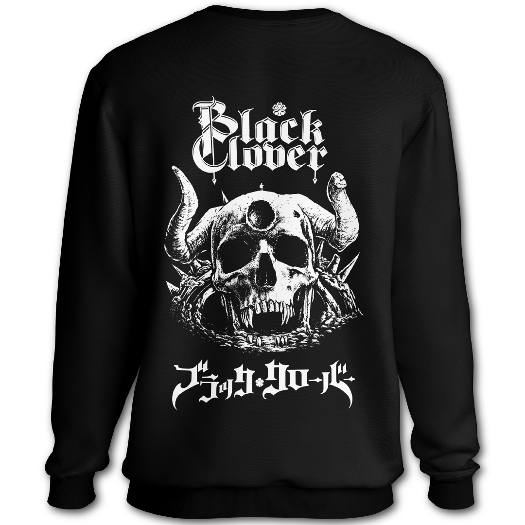 Black sweatshirt with white graphic of a demon skull and "Black Clover" text on the back of the sweatshirt, inspired by Black Clover the anime.