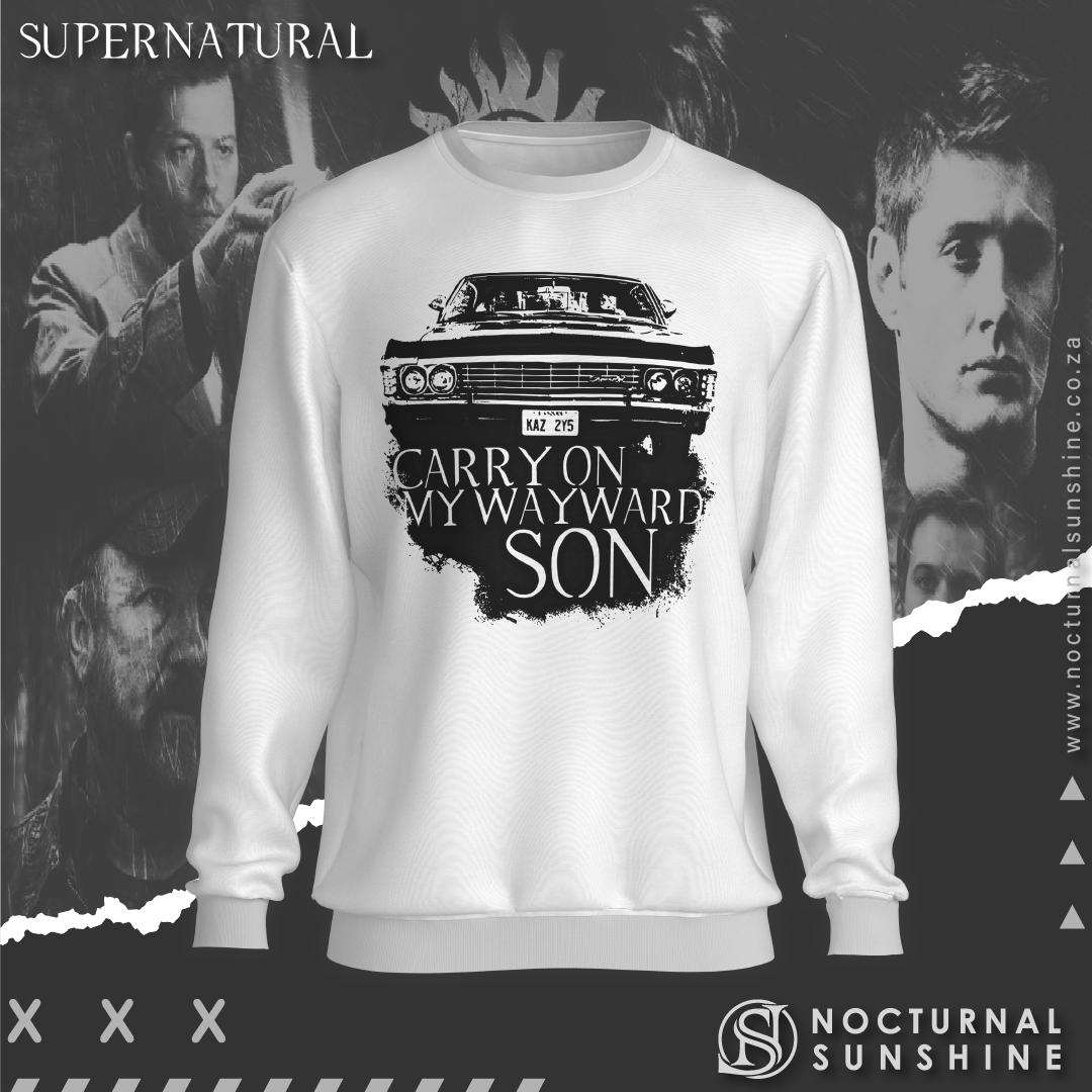 Supernatural inspired sweatshirt with black graphic of a car and text 'Carry On My Wayward Son'