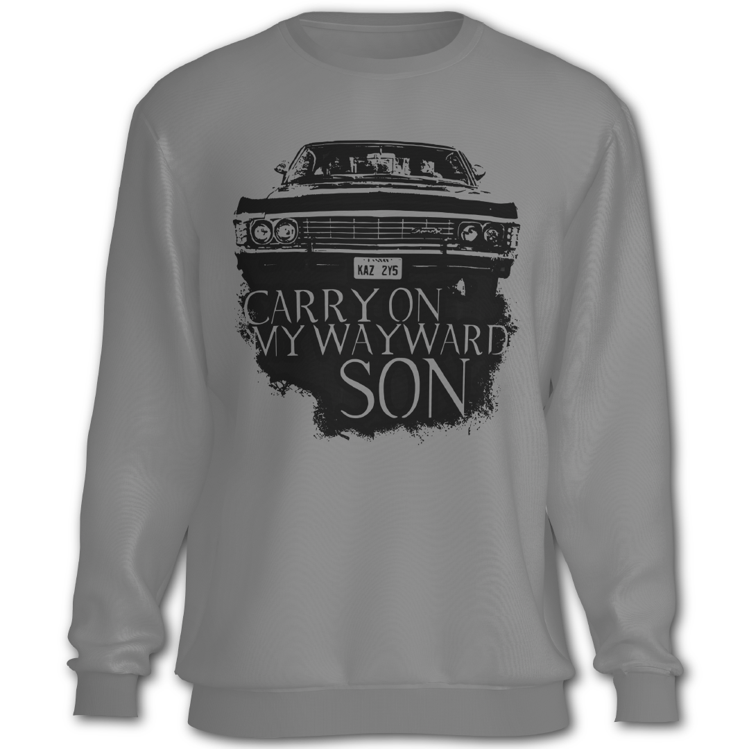 Supernatural inspired gray sweatshirt with black graphic of a car and text 'Carry On My Wayward Son'