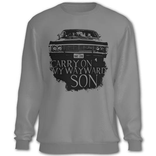 Supernatural inspired gray sweatshirt with black graphic of a car and text 'Carry On My Wayward Son'