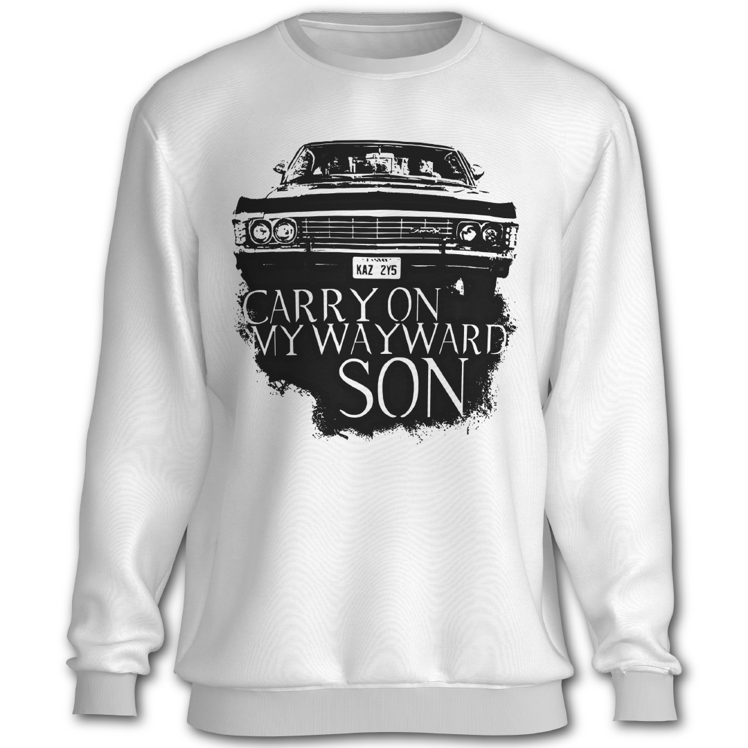 Supernatural inspired white sweatshirt with black graphic of a car and text 'Carry On My Wayward Son'
