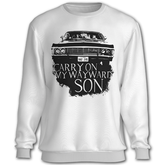 Supernatural inspired white sweatshirt with black graphic of a car and text 'Carry On My Wayward Son'