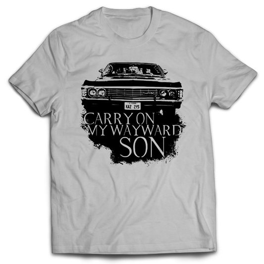 Supernatural inspired gray t-shirt with black graphic of a car and text 'Carry On My Wayward Son' background