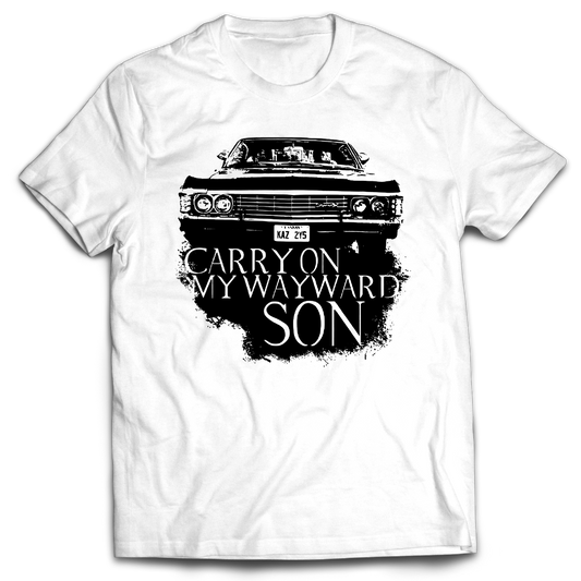 Supernatural inspired white t-shirt with black graphic of a car and text 'Carry On My Wayward Son' background