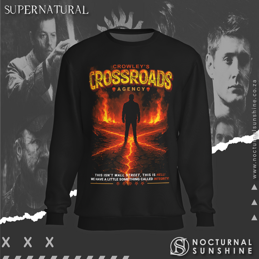 Supernatural inspired sweatshirt with fiery graphic and text 'Crowley's Crossroads Agency'