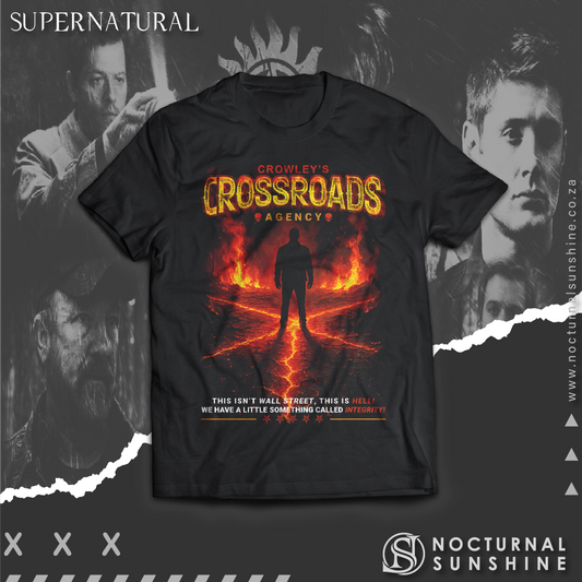 Supernatural inspired t-shirt with fiery graphic and text 'Crowley's Crossroads Agency'