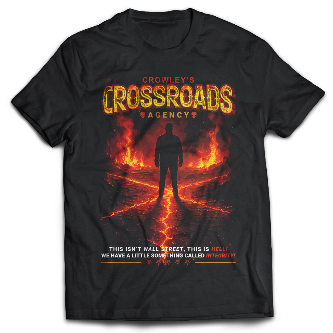 Supernatural inspired black t-shirt with fiery graphic and text 'Crowley's Crossroads Agency'