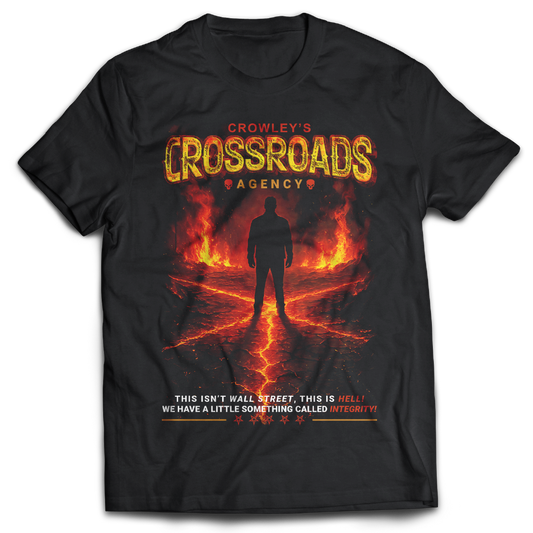 Supernatural inspired black t-shirt with fiery graphic and text 'Crowley's Crossroads Agency'