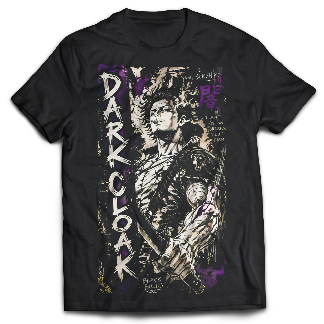 Black t-shirt with graphic on the front, inspired by Black Clover the anime.