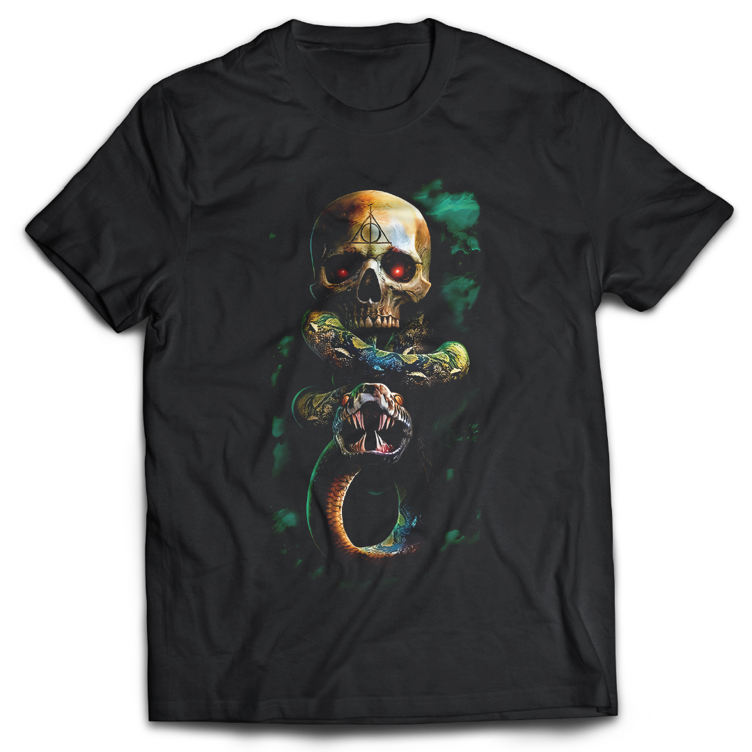 Black t-shirt with a colorful skull and snake design on a white background