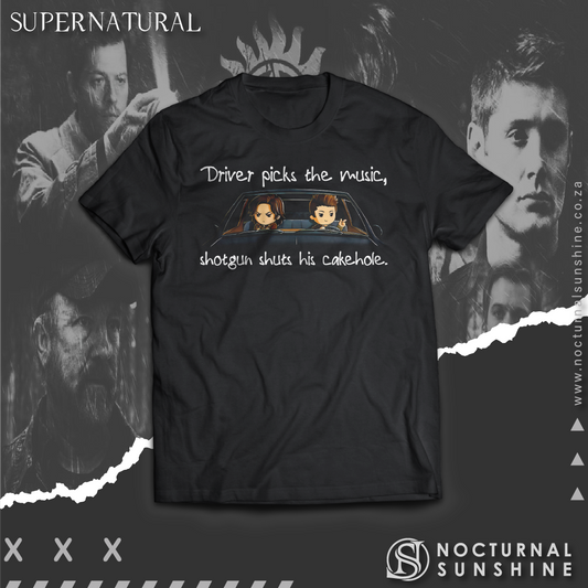 Supernatural inspired black t-shirt with graphic design
