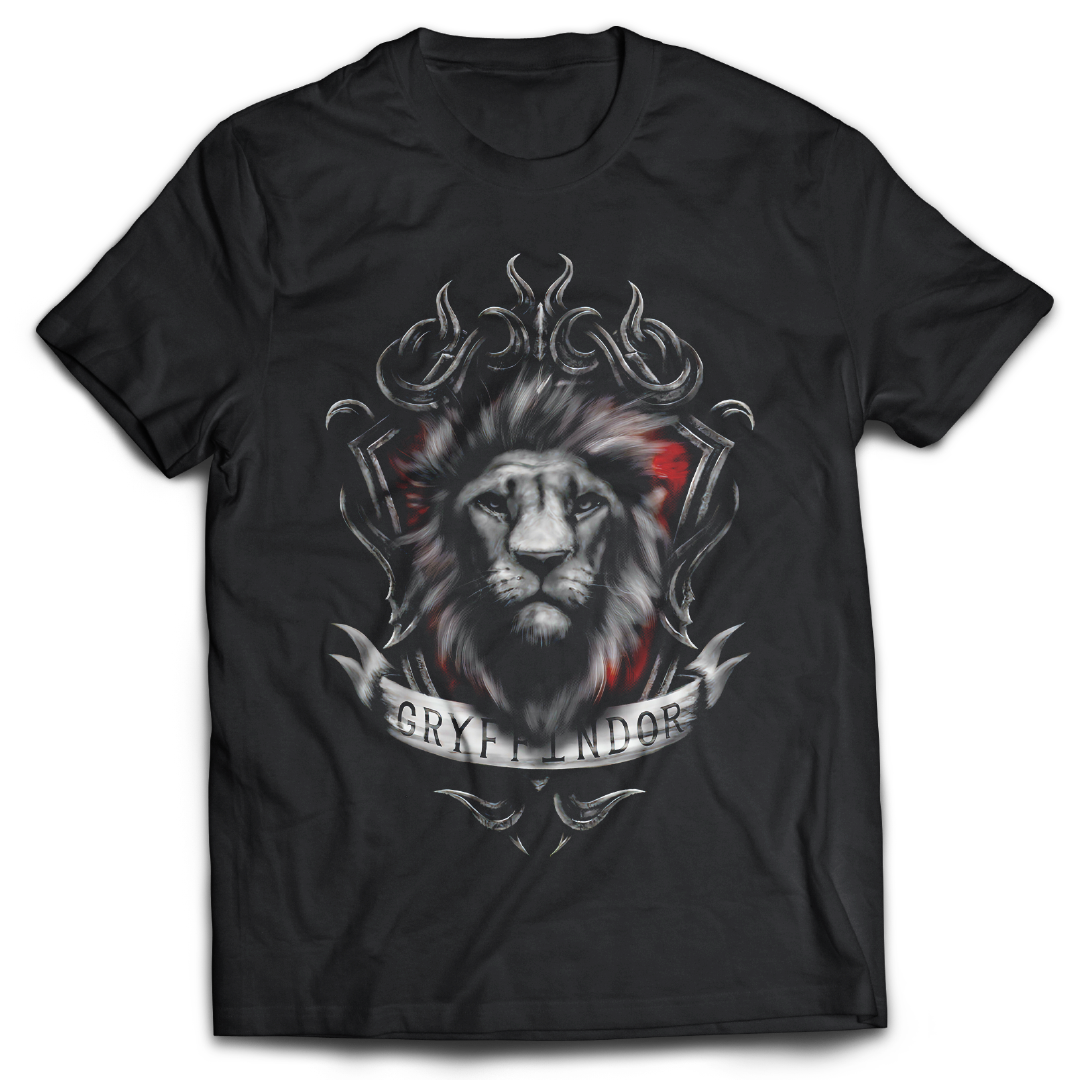 Black t-shirt with Gryffindor design featuring a lion's face and crest.