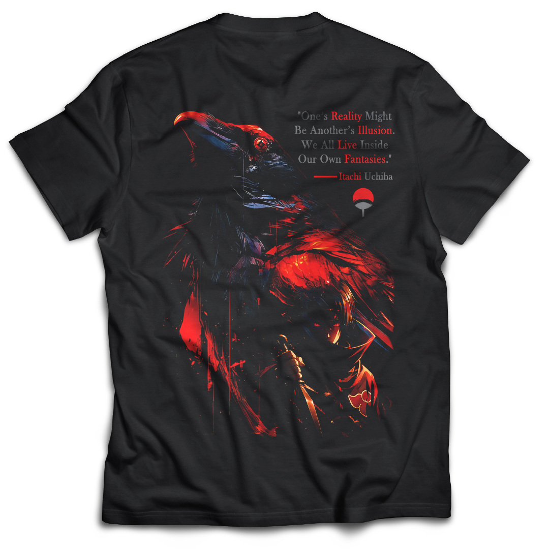 Black t-shirt with red graphics and text, featuring the word 'Itachi'. Front and Back graphics inspired by Itachi Uchiha from the anime Naruto.