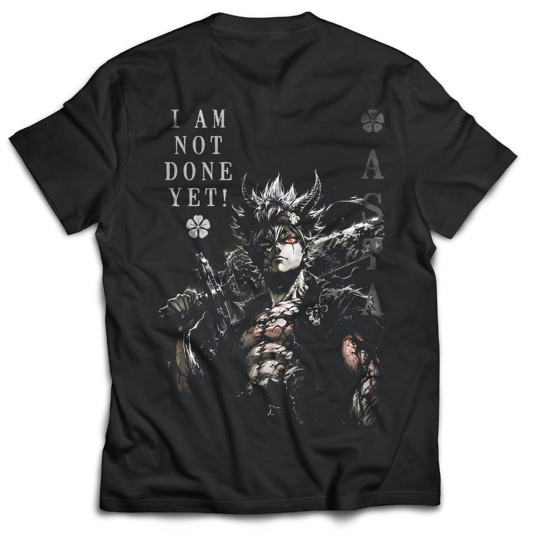 Black t-shirt with graphic of Asta from Black Clover and text on the back of the t-shirt, inspired by Black Clover the anime.