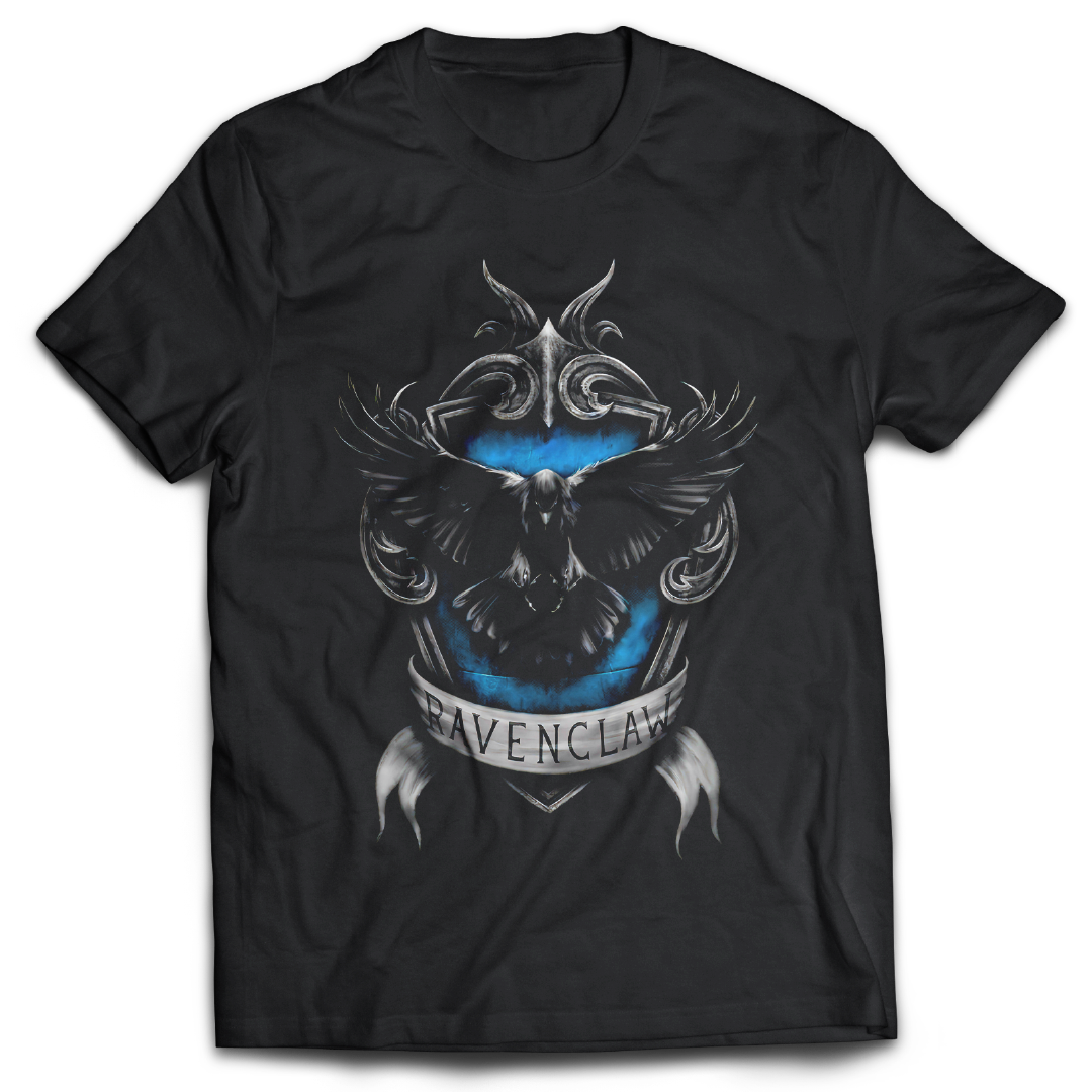 Black t-shirt with 'Ravenclaw' design featuring a raven and blue circle on a white background