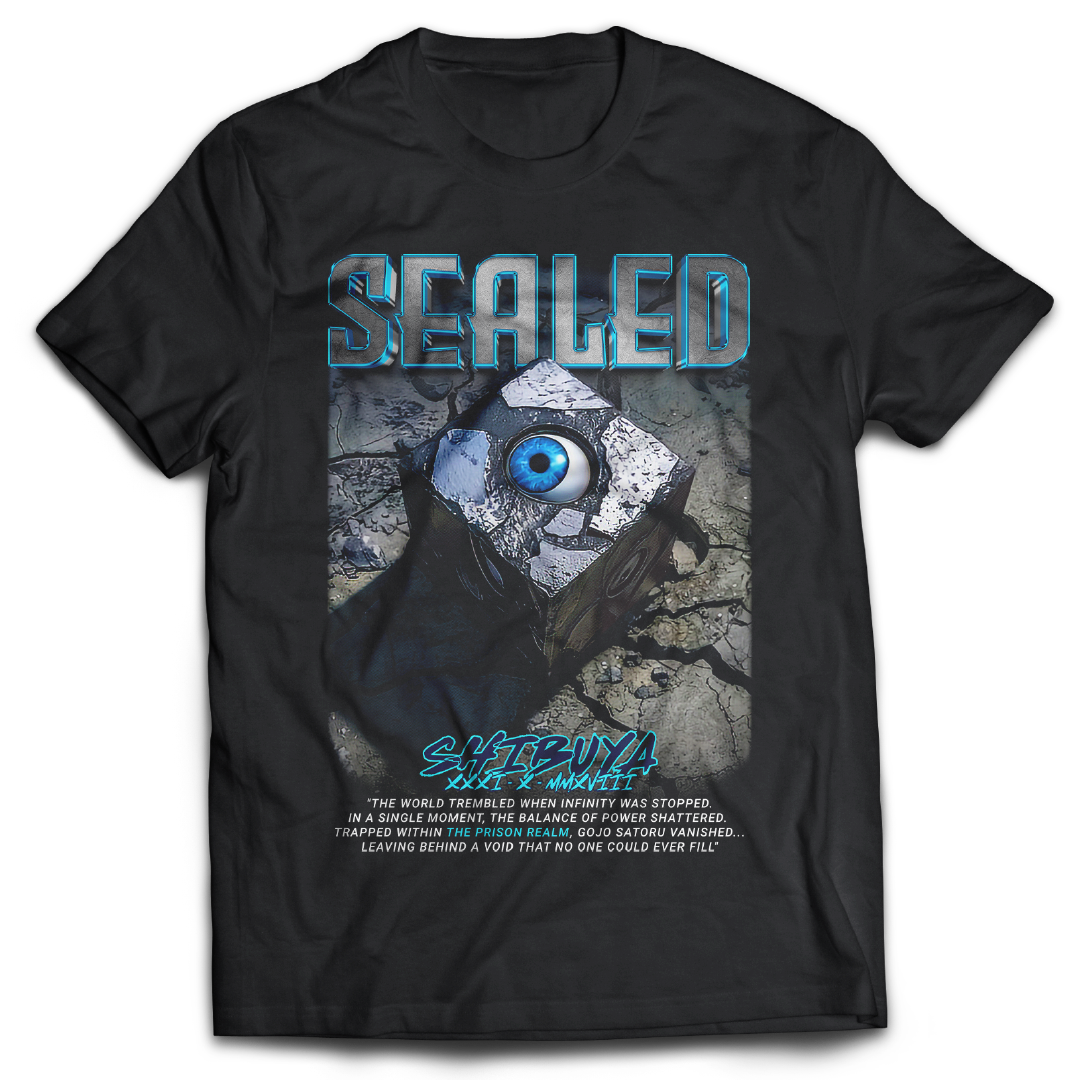 Black t-shirt with 'Sealed' graphic design featuring a cube with an eye and text, inspired by Jujutsu Kaisen the anime.