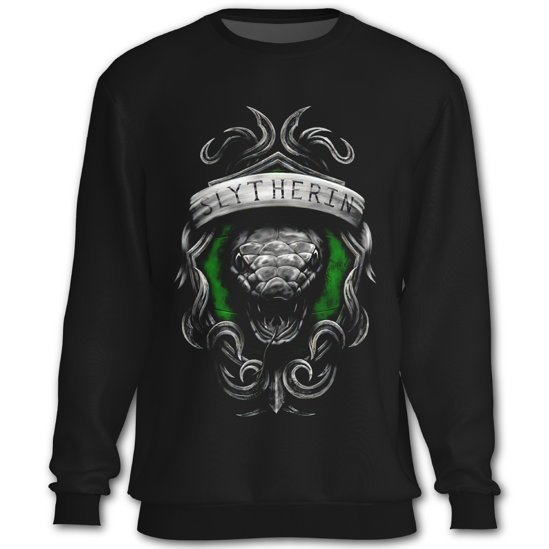 Black sweatshirt with Slytherin design featuring a snake and banner on a white background