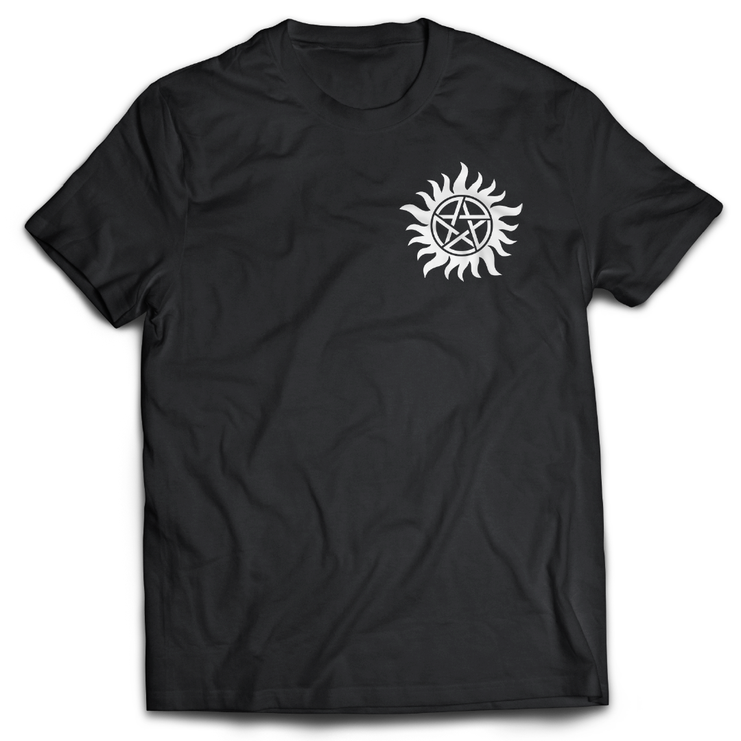 Supernatural inspired Black 
t-shirt with a black symbol on the chest.