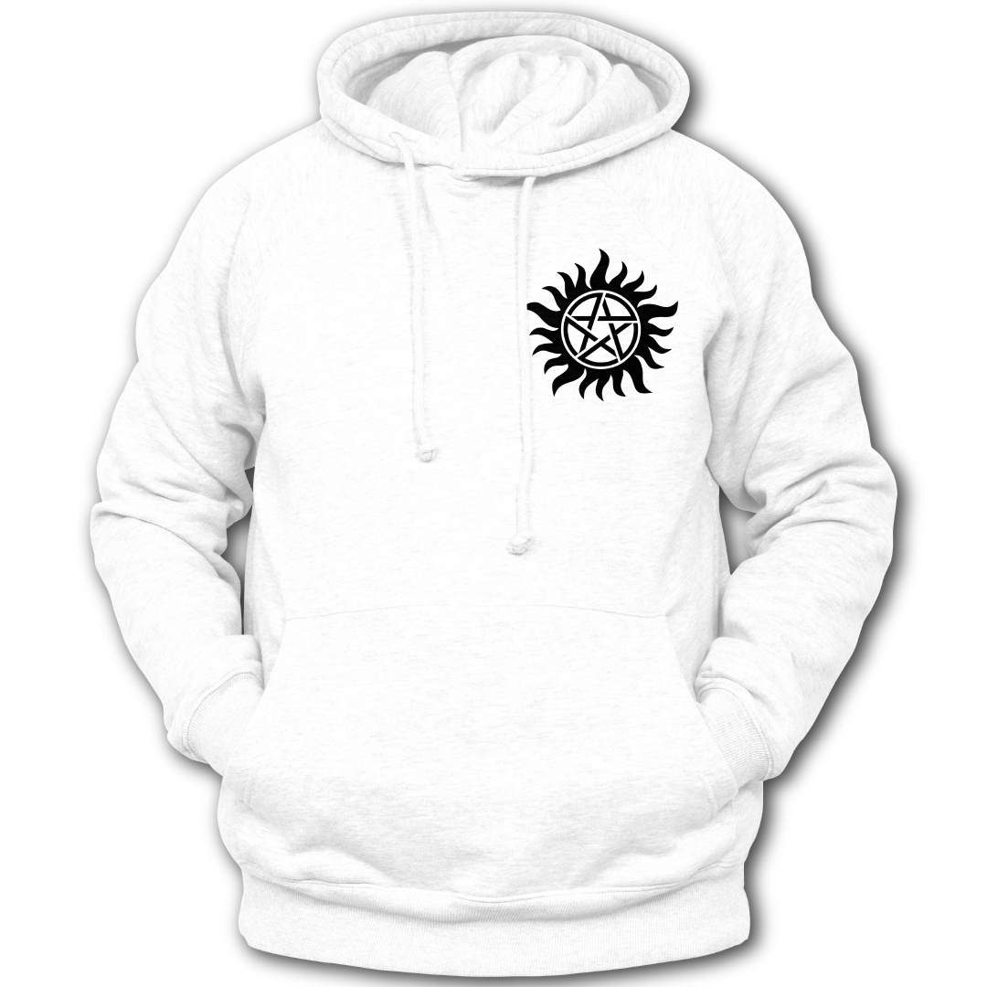 Supernatural inspired white hoodie with a symbol on the chest