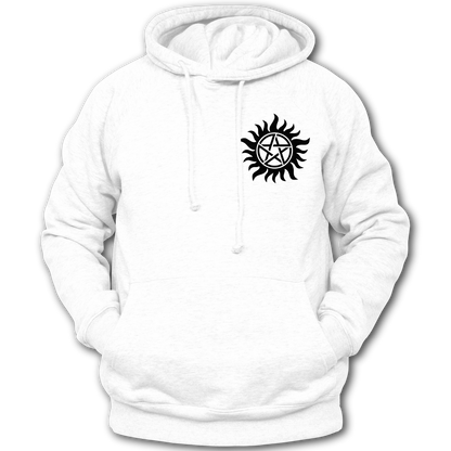 Supernatural inspired white hoodie with a symbol on the chest