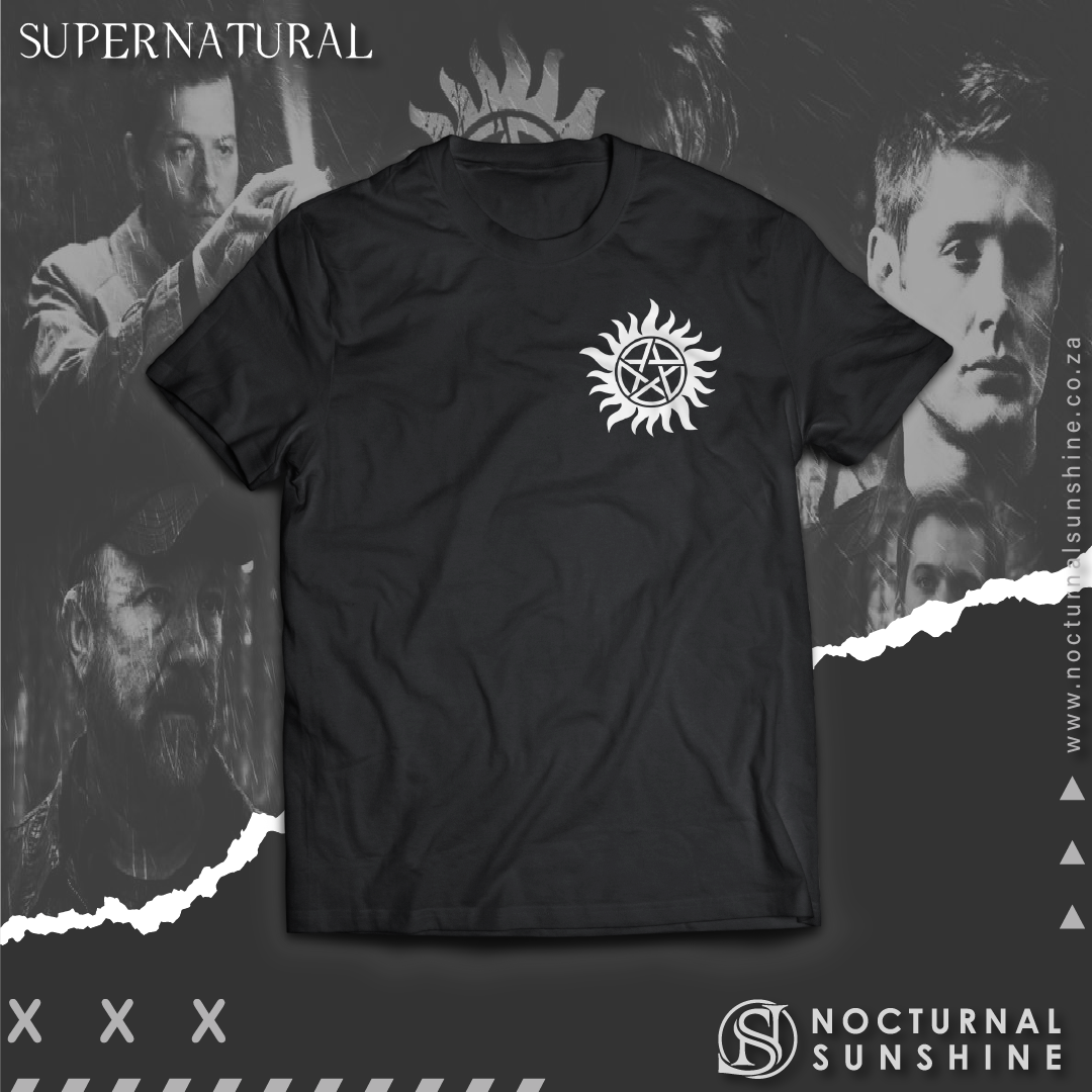 Supernatural inspired t-shirt with a black symbol on the chest.