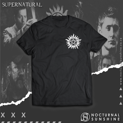 Supernatural inspired t-shirt with a black symbol on the chest.