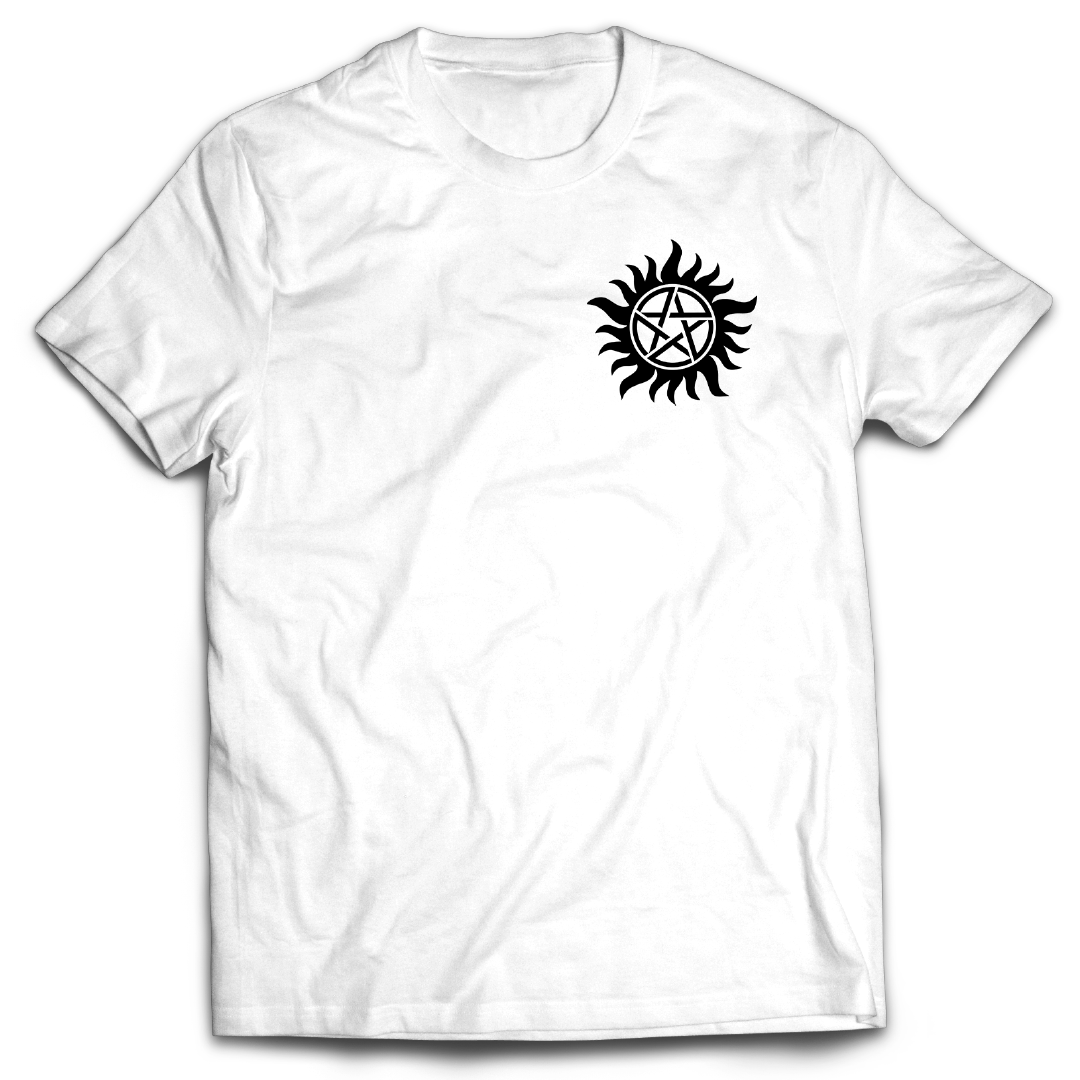 Supernatural inspired White t-shirt with a black symbol on the chest.