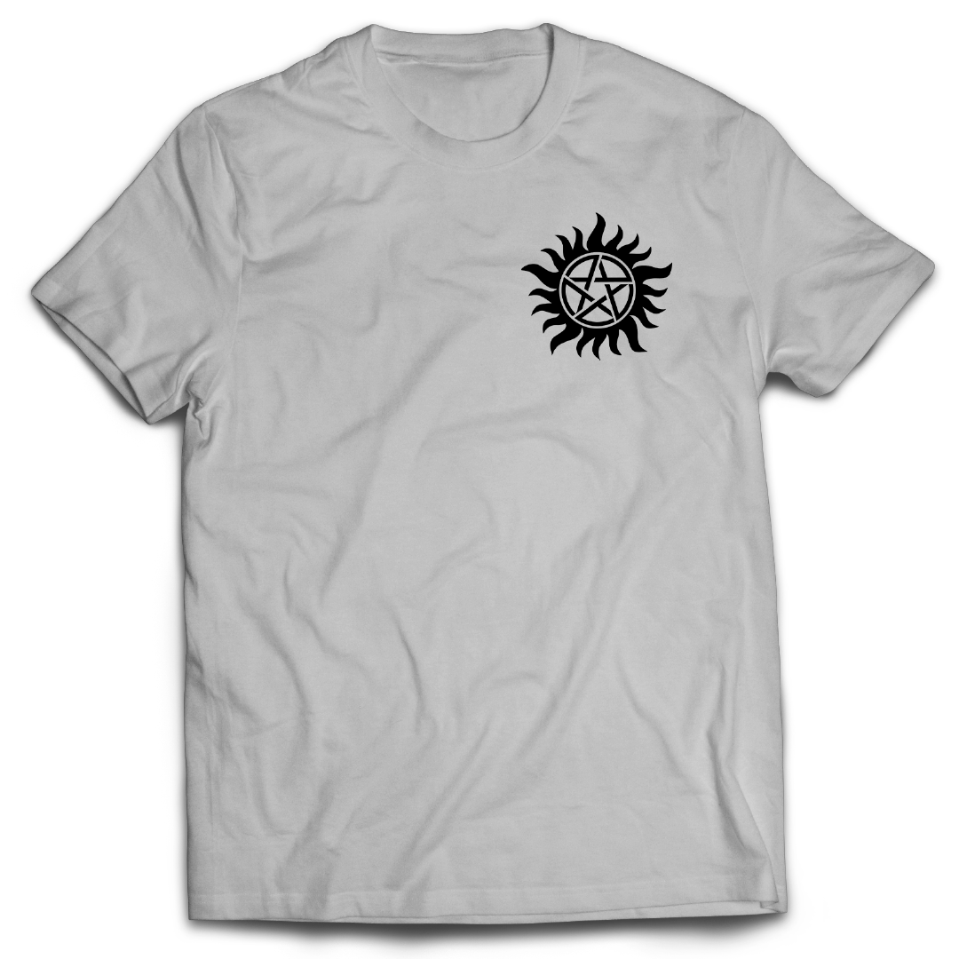 Supernatural inspired Gray t-shirt with a black symbol on the chest.