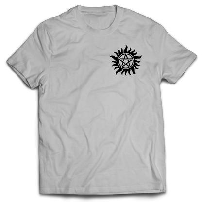 Supernatural inspired Gray t-shirt with a black symbol on the chest.