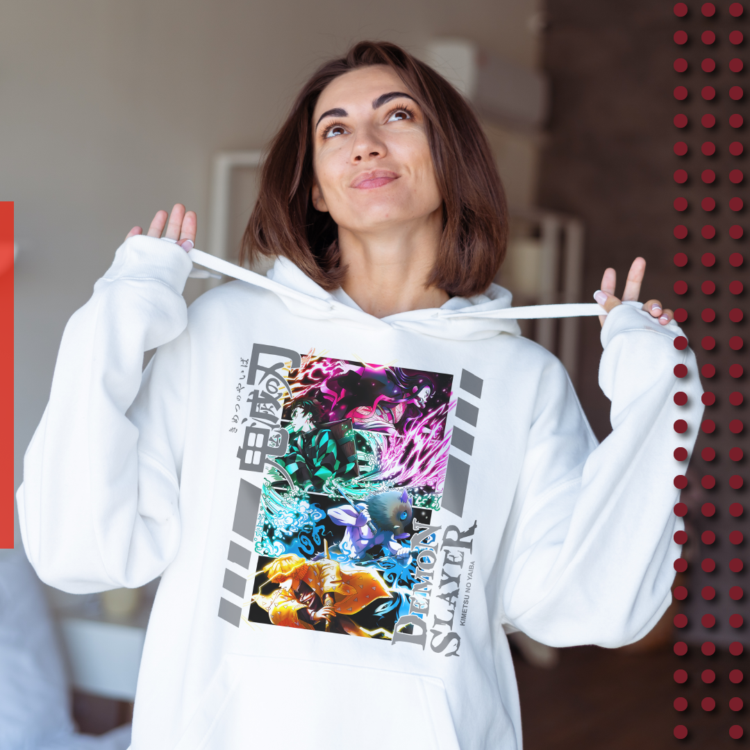 Anime Merch in South Africa. Unite with Tanjiro, Nezuko, Inosuke and Zenitsu with the "Breath of Unity" Demon Slayer hoodie. This hoodie is made for action and adventure
