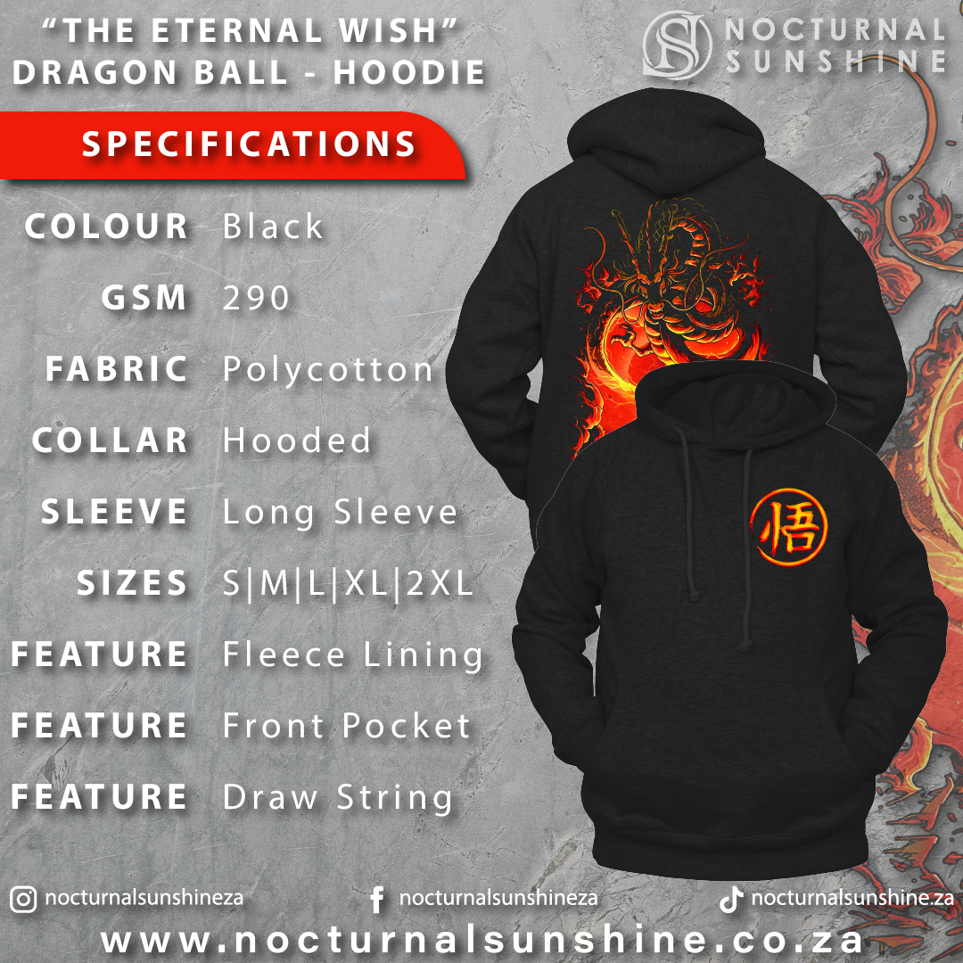 Anime Merch in South Africa. Stay warm and stylish with this Dragon Ball inspired hoodie. Featuring a double print, Goku's wisdom kanji on the front and Goku summoning the legendary Eternal Dragon Shenron on the back, this hoodie is perfect for any anime fan. Made with high-quality material, you can enjoy classic anime style with the cozy comfort of a hoodie.
