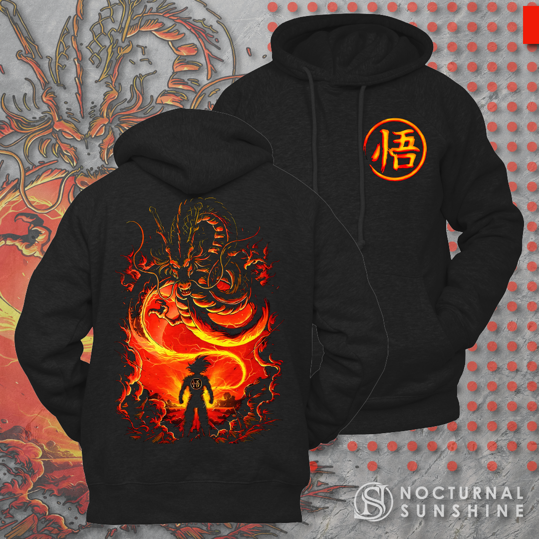 Anime Merch in South Africa. Stay warm and stylish with this Dragon Ball inspired hoodie. Featuring a double print, Goku's wisdom kanji on the front and Goku summoning the legendary Eternal Dragon Shenron on the back, this hoodie is perfect for any anime fan. Made with high-quality material, you can enjoy classic anime style with the cozy comfort of a hoodie.