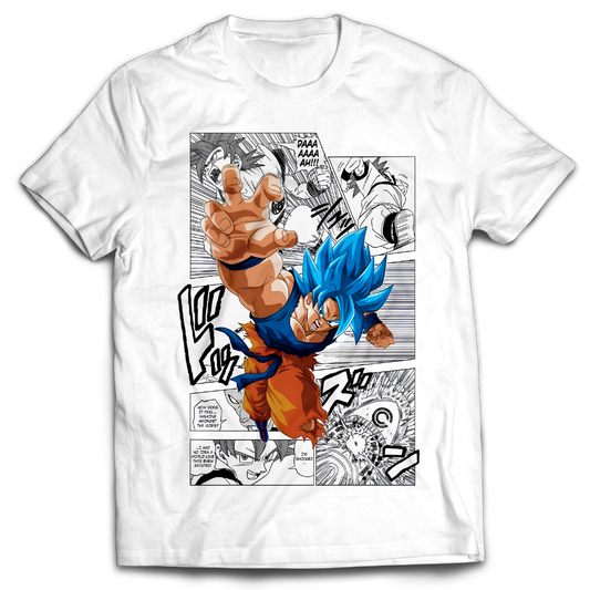 Anime Merch in South Africa. Be fearless and take your power to the next level in our “Goku Blue X Manga” T-shirt! Featuring Goku's powerful Blue transformation combined with manga style panels. Dragon Ball inspired t-shirt.