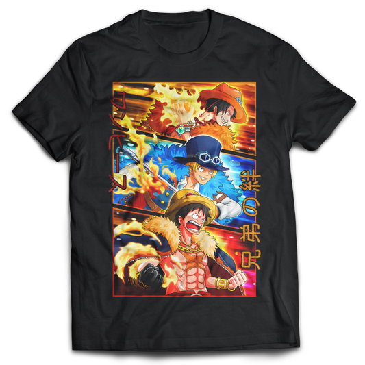 Anime Merch in South Africa. Show your loyalty and bond with the legendary brothers of One Piece with our "Bond Of Three Brothers" T-shirt! T-shirt features Ace, Sabo and Luffy in vibrant, fiery stances.