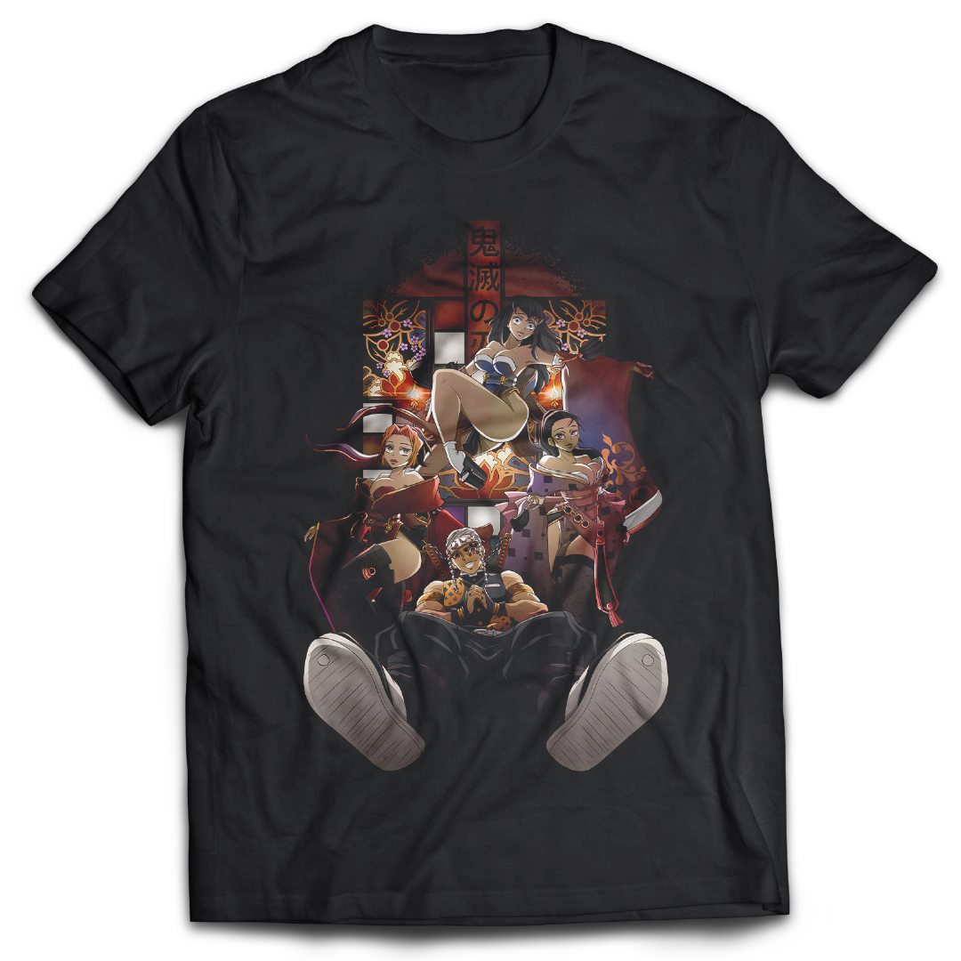 Anime Merch in South Africa. Time to get flashy and make a bold statement with this stylish "Sound Hashira X Tengen Uzui"  Demon Slayer t-shirt! Featuring Tengen, a powerful and skilled fighter with incredible physical prowess. Crafted from premium quality cotton, this t-shirt is the perfect way to show off your bold style. Slay in style with this must have t-shirt!