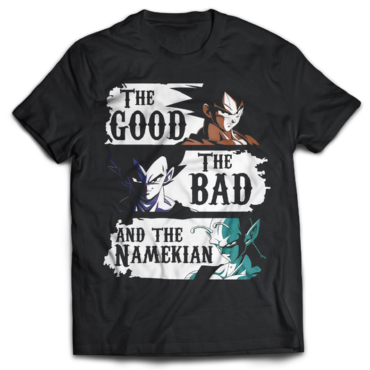 Anime Merch in South Africa. Experience the epic world of Dragon Ball like never before with this unique "The Good, The Bad And The Namekian" t-shirt. Featuring Goku, Vegeta and Piccolo, this premium quality cotton t-shirt is perfect for die-hard fans and those who just want to experience the fun and energy of the show! Show your love for Dragon Ball with this amazing showpiece!