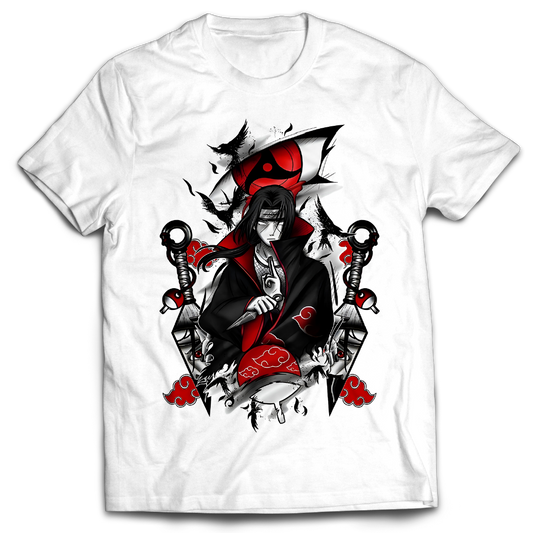 Anime Merch in South Africa. Grab this bold Itachi Uchiha T-shirt and unleash the power of one of the strongest Naruto characters! Made from premium quality cotton, the vibrant design features an awesome illustration of Itachi in his red cloud Akatsuki attire. Take the challenge and enter his genjutsu today!