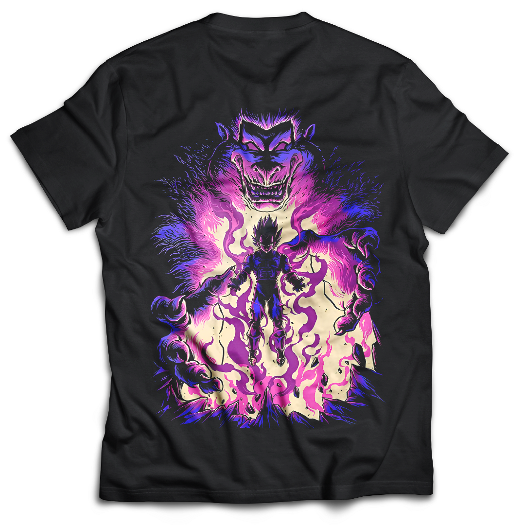 Anime Merch in South Africa. Wear your Saiyan pride, loud and proud with this “Ego Of The Prince” t-shirt. Unleash the prince of Saiyans, Vegeta, with the double printed design. Featuring the Saiyan Royal Family crest on the front and Vegeta unleashing formidable power on the back.