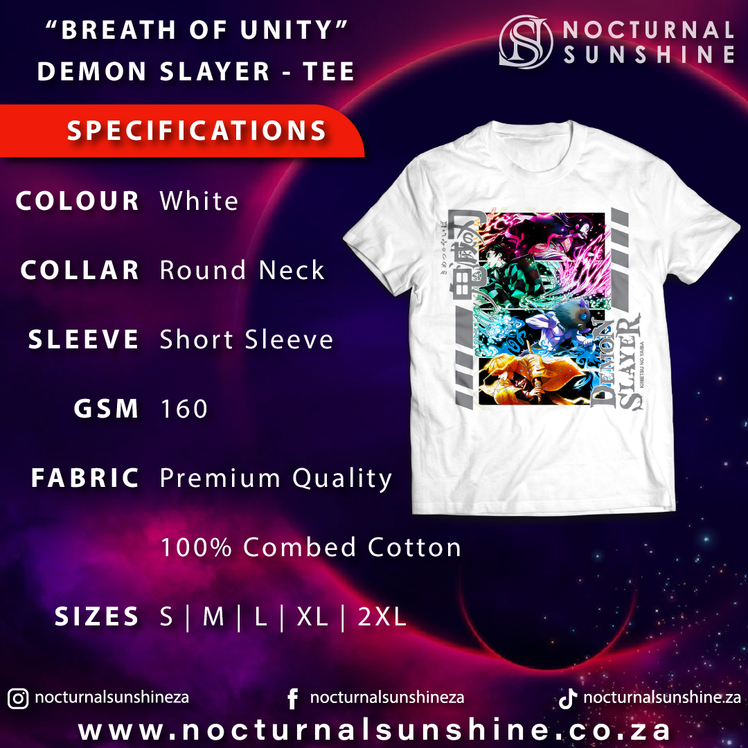 Anime Merch in South Africa. Unite with Tanjiro, Nezuko, Inosuke and Zenitsu with the "Breath of Unity" Demon Slayer t-shirt. This t-shirt is made for action and adventure!