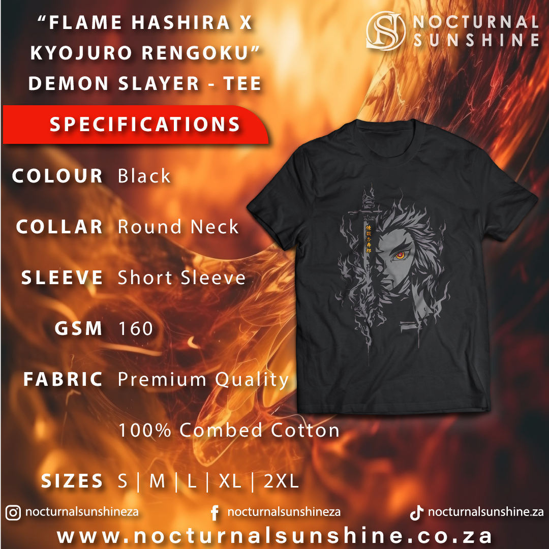 Anime Merch in South Africa. Set your style ablaze with this exclusive "Flame Hashira X Kyojuro Rengoku" T-shirt! Inspired by the iconic Demon Slayer character, this t-shirt is constructed from premium quality cotton for lasting comfort.