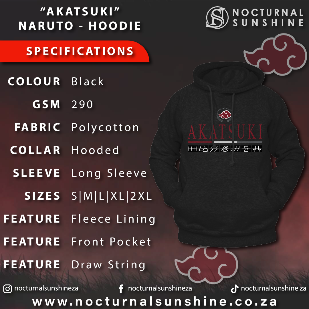 Anime Merch in South Africa. This Akatsuki hoodie, inspired from the Naruto anime, is the perfect way to show off your love for the popular series.
