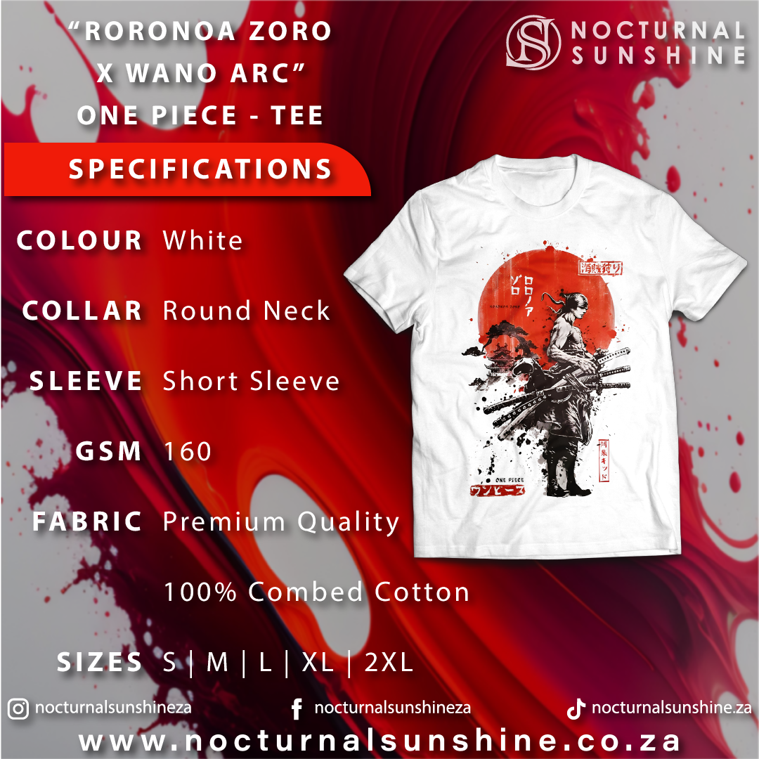 Anime Merch in South Africa. Bravely follow one of the strongest swordsmen in One Piece and embark on an incredible adventure! This stylish Roronoa Zoro t-shirt is made from premium quality cotton and features classic Japanese art fused with anime for a stunning look. Enjoy a voyage filled with excitement and risk-taking!