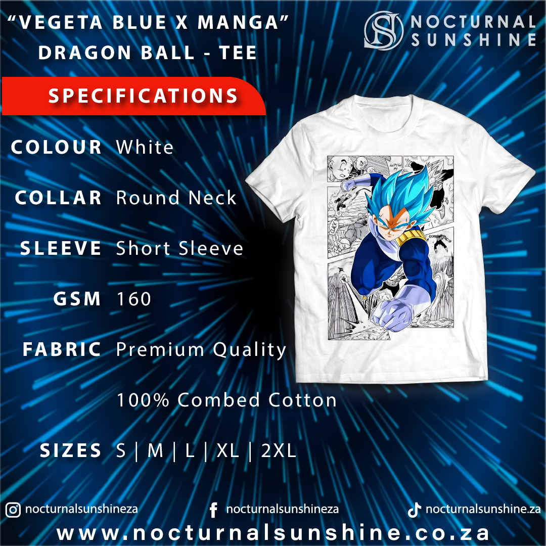Anime Merch in South Africa. Embrace adventure and challenge yourself to new heights in our “Vegeta Blue X Manga” T-shirt! With a combination of Vegeta's Blue form and manga style panels, this premium quality cotton t-shirt will make you feel powerful and unstoppable. Get ready to take risks and push your limits in style!